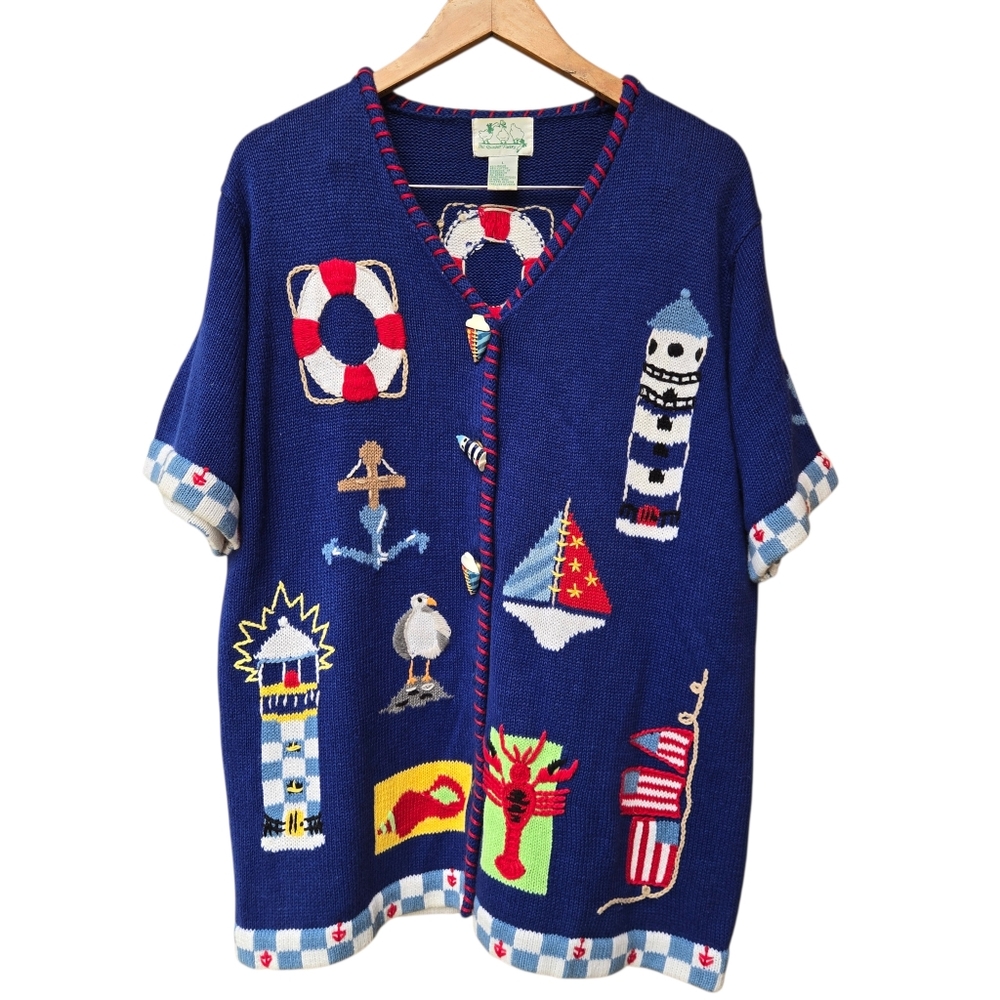 Quacker Factory Cardigan Sweater Sz L Embroidery Short Sleeve Button Up Nautical